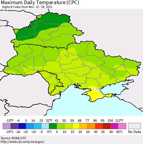 Ukraine, Moldova and Belarus Extreme Maximum Temperature (CPC) Thematic Map For 11/22/2021 - 11/28/2021