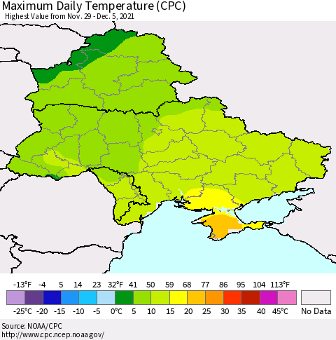 Ukraine, Moldova and Belarus Maximum Daily Temperature (CPC) Thematic Map For 11/29/2021 - 12/5/2021