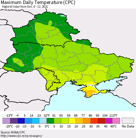 Ukraine, Moldova and Belarus Maximum Daily Temperature (CPC) Thematic Map For 12/6/2021 - 12/12/2021