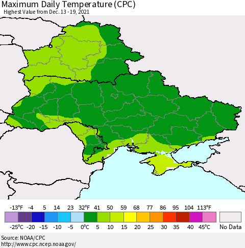 Ukraine, Moldova and Belarus Extreme Maximum Temperature (CPC) Thematic Map For 12/13/2021 - 12/19/2021