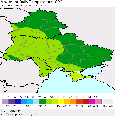 Ukraine, Moldova and Belarus Maximum Daily Temperature (CPC) Thematic Map For 12/27/2021 - 1/2/2022