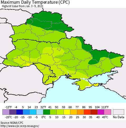 Ukraine, Moldova and Belarus Maximum Daily Temperature (CPC) Thematic Map For 1/3/2022 - 1/9/2022