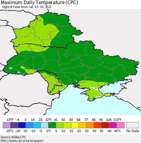 Ukraine, Moldova and Belarus Maximum Daily Temperature (CPC) Thematic Map For 1/10/2022 - 1/16/2022