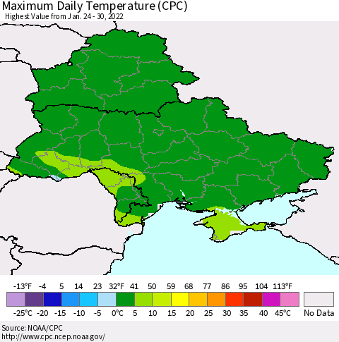 Ukraine, Moldova and Belarus Maximum Daily Temperature (CPC) Thematic Map For 1/24/2022 - 1/30/2022