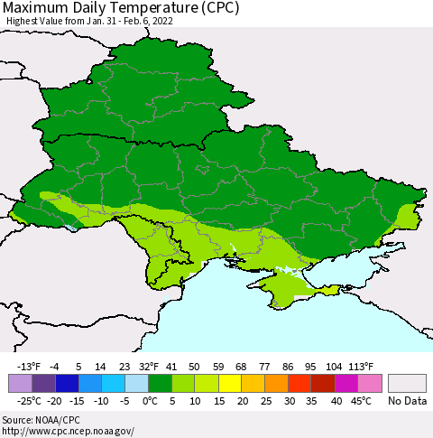 Ukraine, Moldova and Belarus Maximum Daily Temperature (CPC) Thematic Map For 1/31/2022 - 2/6/2022