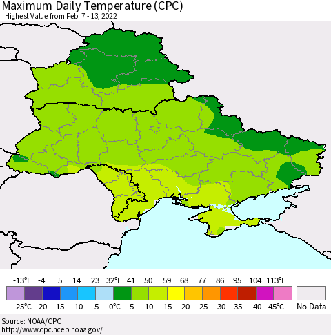 Ukraine, Moldova and Belarus Maximum Daily Temperature (CPC) Thematic Map For 2/7/2022 - 2/13/2022