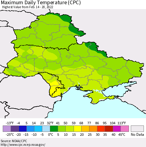 Ukraine, Moldova and Belarus Maximum Daily Temperature (CPC) Thematic Map For 2/14/2022 - 2/20/2022