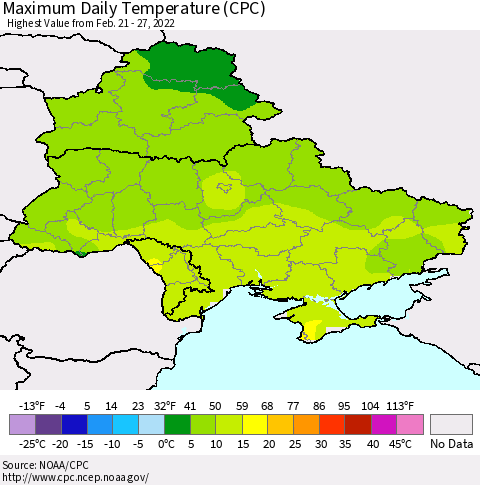 Ukraine, Moldova and Belarus Maximum Daily Temperature (CPC) Thematic Map For 2/21/2022 - 2/27/2022