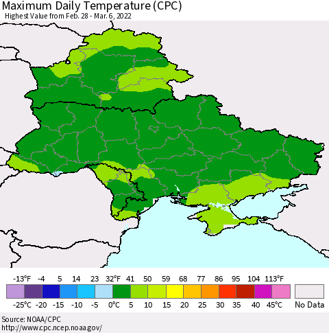 Ukraine, Moldova and Belarus Maximum Daily Temperature (CPC) Thematic Map For 2/28/2022 - 3/6/2022