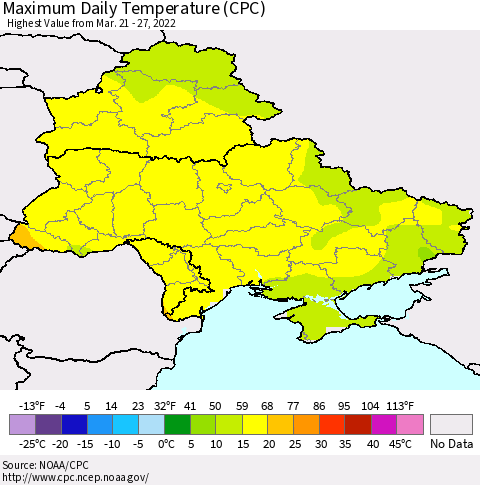 Ukraine, Moldova and Belarus Maximum Daily Temperature (CPC) Thematic Map For 3/21/2022 - 3/27/2022