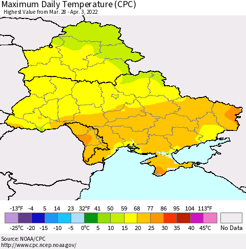 Ukraine, Moldova and Belarus Maximum Daily Temperature (CPC) Thematic Map For 3/28/2022 - 4/3/2022