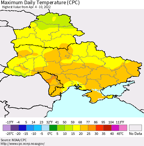 Ukraine, Moldova and Belarus Maximum Daily Temperature (CPC) Thematic Map For 4/4/2022 - 4/10/2022