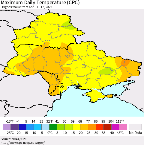 Ukraine, Moldova and Belarus Maximum Daily Temperature (CPC) Thematic Map For 4/11/2022 - 4/17/2022