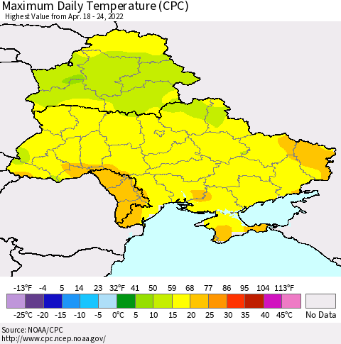 Ukraine, Moldova and Belarus Maximum Daily Temperature (CPC) Thematic Map For 4/18/2022 - 4/24/2022