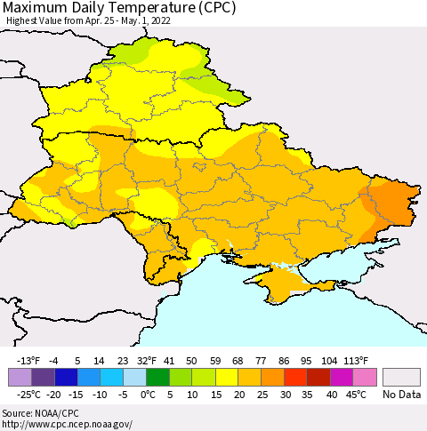 Ukraine, Moldova and Belarus Maximum Daily Temperature (CPC) Thematic Map For 4/25/2022 - 5/1/2022
