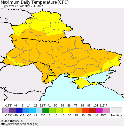 Ukraine, Moldova and Belarus Maximum Daily Temperature (CPC) Thematic Map For 5/2/2022 - 5/8/2022