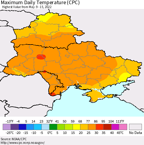 Ukraine, Moldova and Belarus Extreme Maximum Temperature (CPC) Thematic Map For 5/9/2022 - 5/15/2022