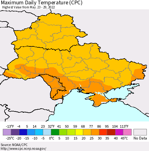 Ukraine, Moldova and Belarus Maximum Daily Temperature (CPC) Thematic Map For 5/23/2022 - 5/29/2022