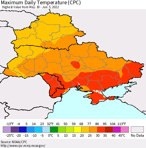 Ukraine, Moldova and Belarus Maximum Daily Temperature (CPC) Thematic Map For 5/30/2022 - 6/5/2022