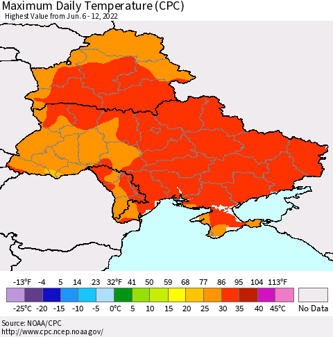 Ukraine, Moldova and Belarus Extreme Maximum Temperature (CPC) Thematic Map For 6/6/2022 - 6/12/2022