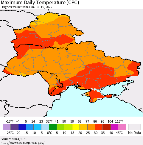 Ukraine, Moldova and Belarus Extreme Maximum Temperature (CPC) Thematic Map For 6/13/2022 - 6/19/2022