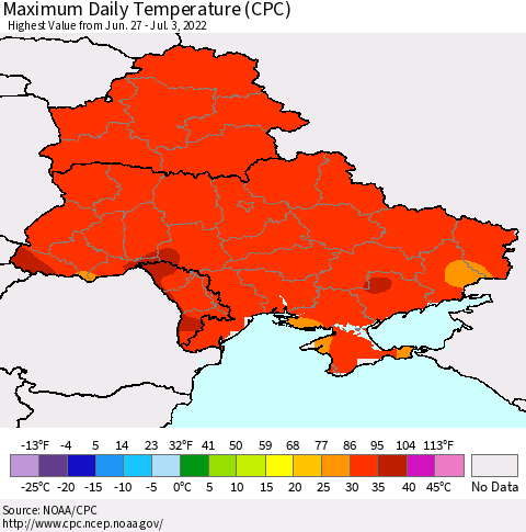 Ukraine, Moldova and Belarus Maximum Daily Temperature (CPC) Thematic Map For 6/27/2022 - 7/3/2022