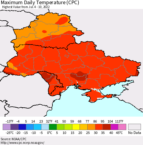 Ukraine, Moldova and Belarus Maximum Daily Temperature (CPC) Thematic Map For 7/4/2022 - 7/10/2022