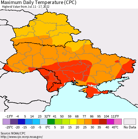 Ukraine, Moldova and Belarus Maximum Daily Temperature (CPC) Thematic Map For 7/11/2022 - 7/17/2022