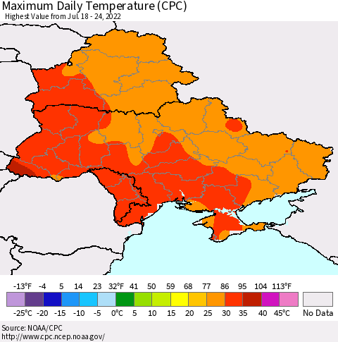 Ukraine, Moldova and Belarus Maximum Daily Temperature (CPC) Thematic Map For 7/18/2022 - 7/24/2022