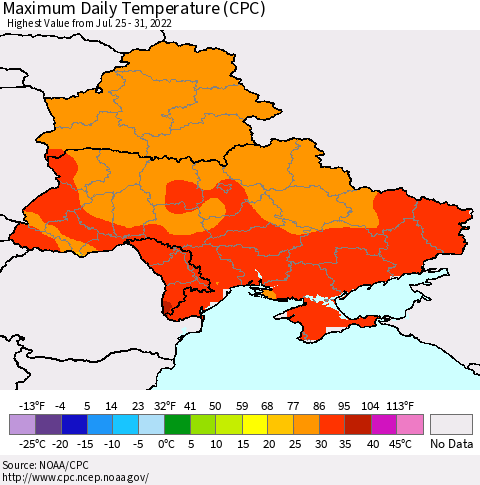 Ukraine, Moldova and Belarus Maximum Daily Temperature (CPC) Thematic Map For 7/25/2022 - 7/31/2022