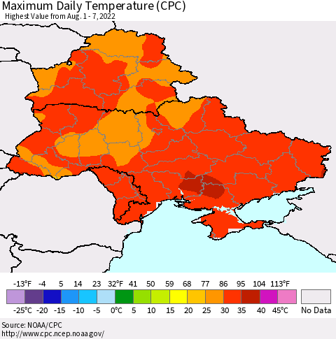Ukraine, Moldova and Belarus Maximum Daily Temperature (CPC) Thematic Map For 8/1/2022 - 8/7/2022