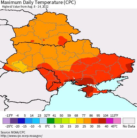 Ukraine, Moldova and Belarus Maximum Daily Temperature (CPC) Thematic Map For 8/8/2022 - 8/14/2022
