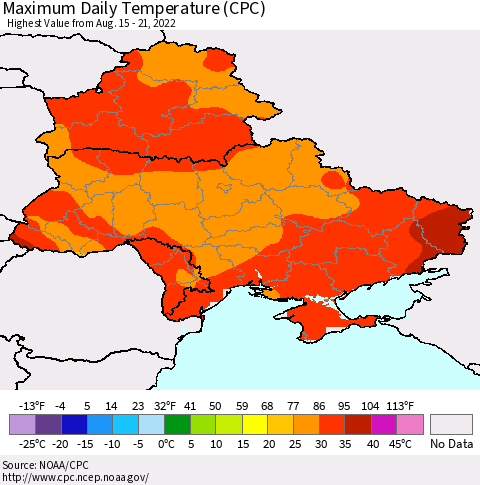 Ukraine, Moldova and Belarus Maximum Daily Temperature (CPC) Thematic Map For 8/15/2022 - 8/21/2022