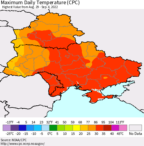 Ukraine, Moldova and Belarus Maximum Daily Temperature (CPC) Thematic Map For 8/29/2022 - 9/4/2022