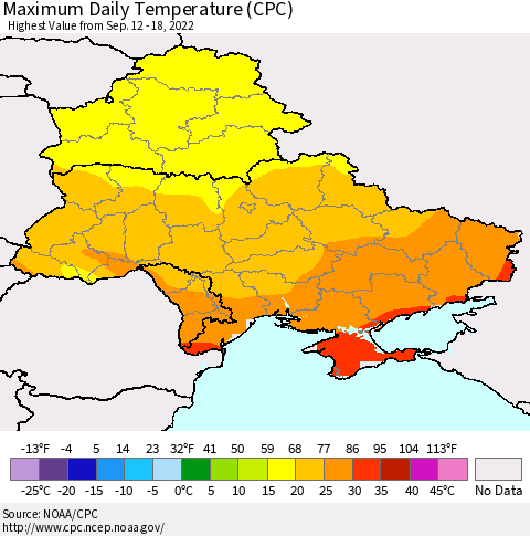 Ukraine, Moldova and Belarus Maximum Daily Temperature (CPC) Thematic Map For 9/12/2022 - 9/18/2022