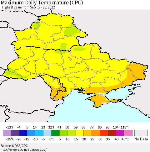 Ukraine, Moldova and Belarus Maximum Daily Temperature (CPC) Thematic Map For 9/19/2022 - 9/25/2022