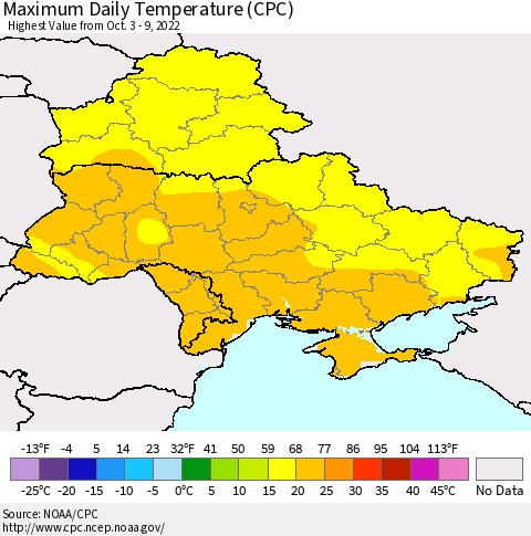 Ukraine, Moldova and Belarus Maximum Daily Temperature (CPC) Thematic Map For 10/3/2022 - 10/9/2022