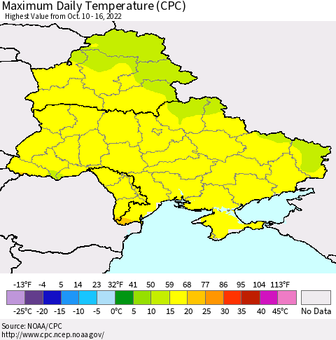 Ukraine, Moldova and Belarus Maximum Daily Temperature (CPC) Thematic Map For 10/10/2022 - 10/16/2022