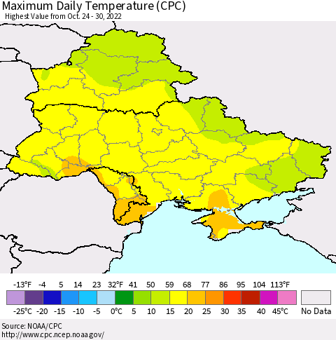 Ukraine, Moldova and Belarus Maximum Daily Temperature (CPC) Thematic Map For 10/24/2022 - 10/30/2022