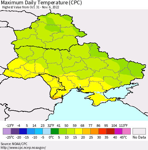 Ukraine, Moldova and Belarus Maximum Daily Temperature (CPC) Thematic Map For 10/31/2022 - 11/6/2022