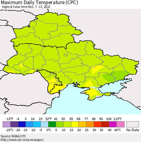 Ukraine, Moldova and Belarus Maximum Daily Temperature (CPC) Thematic Map For 11/7/2022 - 11/13/2022