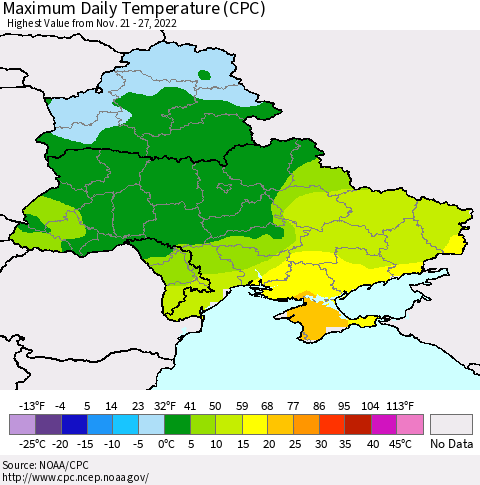 Ukraine, Moldova and Belarus Maximum Daily Temperature (CPC) Thematic Map For 11/21/2022 - 11/27/2022