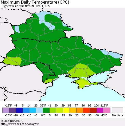 Ukraine, Moldova and Belarus Maximum Daily Temperature (CPC) Thematic Map For 11/28/2022 - 12/4/2022