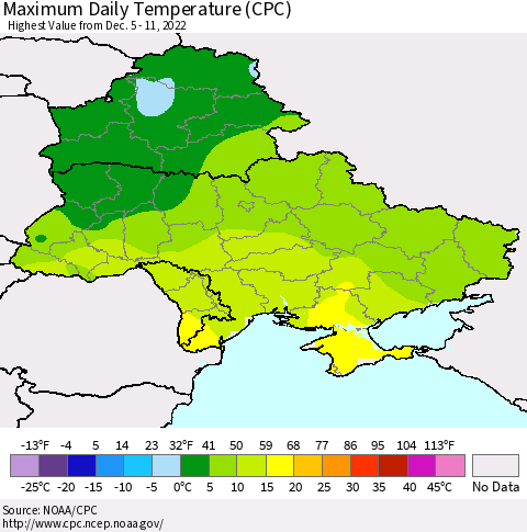 Ukraine, Moldova and Belarus Maximum Daily Temperature (CPC) Thematic Map For 12/5/2022 - 12/11/2022
