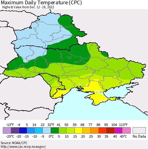 Ukraine, Moldova and Belarus Maximum Daily Temperature (CPC) Thematic Map For 12/12/2022 - 12/18/2022