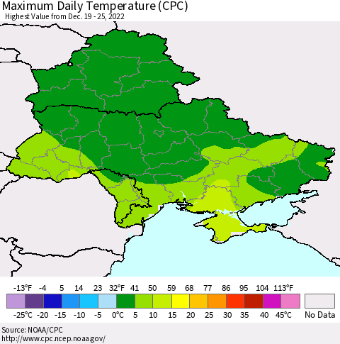 Ukraine, Moldova and Belarus Maximum Daily Temperature (CPC) Thematic Map For 12/19/2022 - 12/25/2022