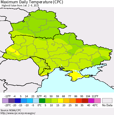 Ukraine, Moldova and Belarus Maximum Daily Temperature (CPC) Thematic Map For 1/2/2023 - 1/8/2023