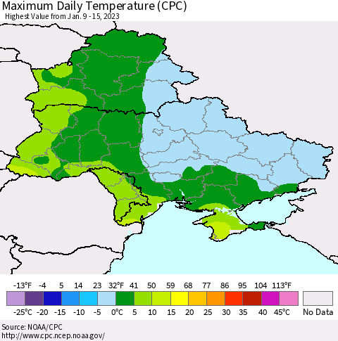 Ukraine, Moldova and Belarus Maximum Daily Temperature (CPC) Thematic Map For 1/9/2023 - 1/15/2023