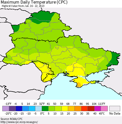 Ukraine, Moldova and Belarus Maximum Daily Temperature (CPC) Thematic Map For 1/16/2023 - 1/22/2023