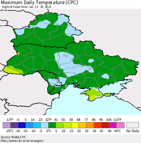 Ukraine, Moldova and Belarus Maximum Daily Temperature (CPC) Thematic Map For 1/23/2023 - 1/29/2023